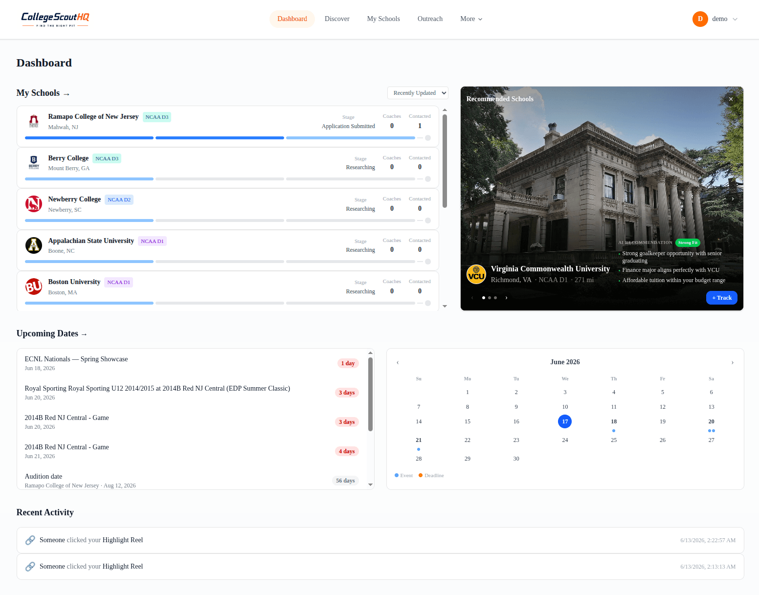 CollegeScoutHQ dashboard for tracking schools, coaches, and recruiting progress